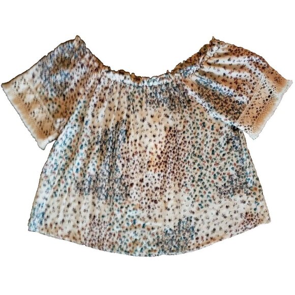 HIP Boho Top Womens L Crochet Fringe Trim Off Shoulder Sheer Floral Blouse - Picture 3 of 12